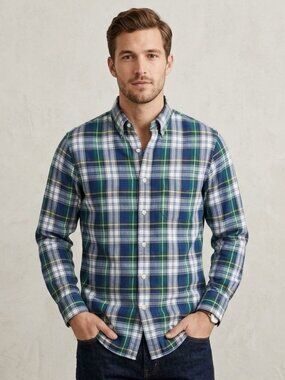 J.Crew Slim Fit Baird McNutt Irish Linen Plaid Shirt Small Blue Green Button Dow